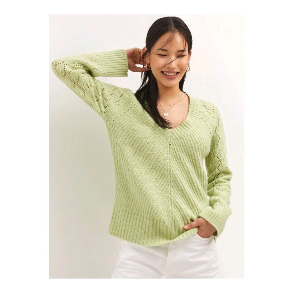 By Anthropologie Green Long Sleeve Pointelle V-Neck Pullover Sweater Size XS